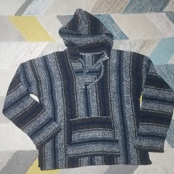 Baja Striped Hooded Pullover Sweater Jacket LARGE - Picture 1 of 7
